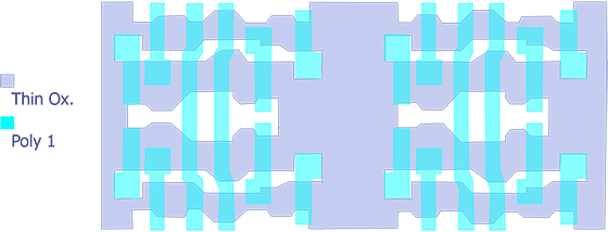 Figure 11-2. Poly mask (shown in cyan) for the 64k SRAM (after Maly).
