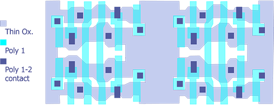 Figure 11-3. Contact windows to the active regions (shown in purple) for the 64k SRAM. The rectangular contacts contact the second level of poly as well (after Maly).