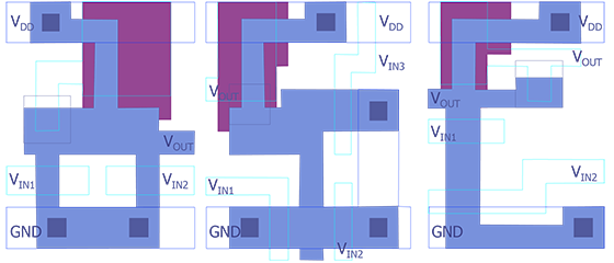 Figure 10a (left) An NMOS NOR gate composite layout (after Maly). Figure 10b (center) A three input NMOS NOR gate composite layout (after Maly). Figure 10c (right) An NMOS NAND gate composite layout (after Maly).