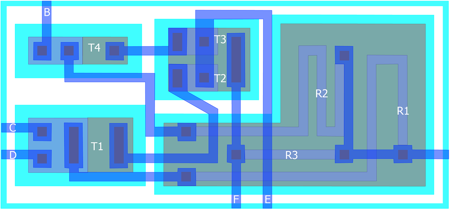Layout of the composite drawing of an RS flip-flop. Circuit element labels correspond to the schematic shown in Figure 7 (after Glaser and Subak-Sharpe).