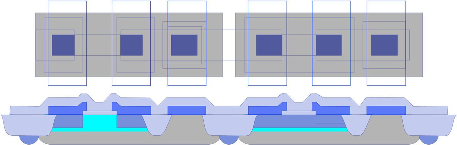 An oxide isolated bipolar technology process showing the layout of the cell and cross-section of the process (after Maly).