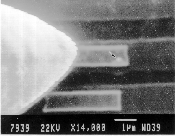 EBIC image showing location of a gate oxide defect after strip back to poly on a 3 level metal submicron IC. (photo courtesy Sandia Labs).