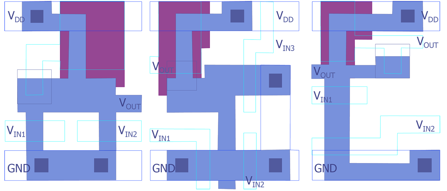 Figure 10a (left) An NMOS NOR gate composite layout (after Maly). Figure 10b (center) A three input NMOS NOR gate composite layout (after Maly). Figure 10c (right) An NMOS NAND gate composite layout (after Maly).