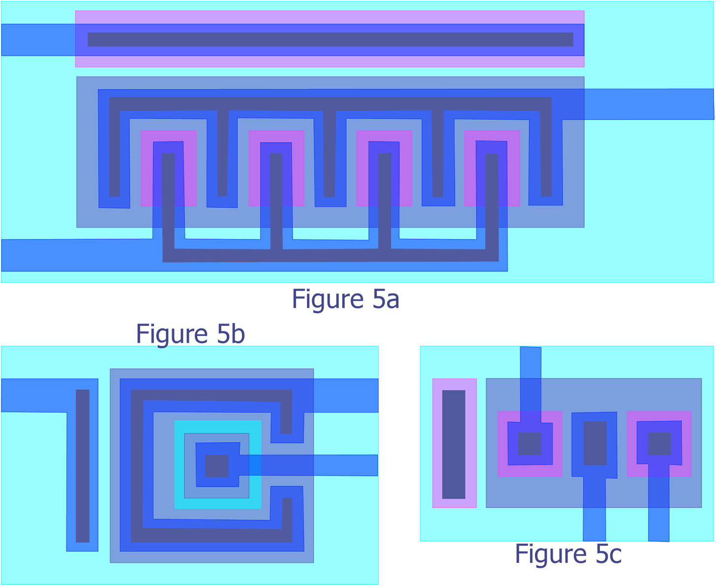 Figure 5a npn transistor with multiple emitter wells. The multiple emitter wells allow this device to handle higher current, making it useful to drive signals off the die (commonly used for creating I/O structures). Figure 5b Lateral pnp transistor. The ring structure provides better minority carrier injection, which results in better gain and hence better device performance. Figure 5c An npn transistor with multiple emitters. Multiple emitters create an easy way to create some logic functions like multiple input gates (e.g. 2 NAND, 2NOR, etc.).