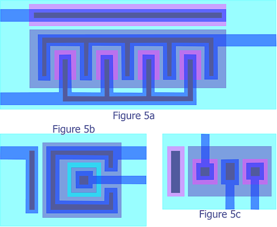 Figure 5a npn transistor with multiple emitter wells. The multiple emitter wells allow this device to handle higher current, making it useful to drive signals off the die (commonly used for creating I/O structures). Figure 5b Lateral pnp transistor. The ring structure provides better minority carrier injection, which results in better gain and hence better device performance. Figure 5c An npn transistor with multiple emitters. Multiple emitters create an easy way to create some logic functions like multiple input gates (e.g. 2 NAND, 2NOR, etc.).