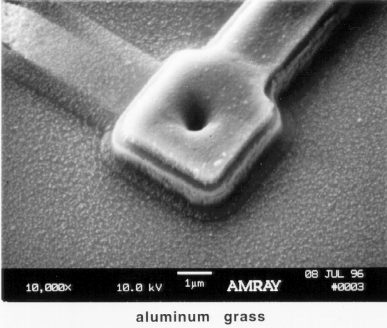 Photograph of Reactive Ion Etching Artifacts (aluminum grass). Photo courtesy Bill Vanderlinde, Microelectronics Research Laboratory.
