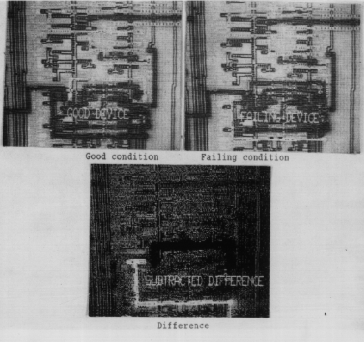 Voltage contrast image showing the principle of image subtraction to localize a defect. (Courtesy Analytical Solutions).