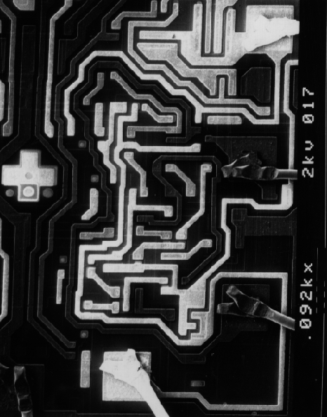 Voltage contrast image of a simple logic gate in a static condition. (Courtesy DM Data).