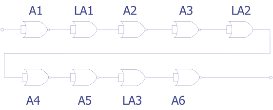 ECL logic gate chain schematic diagram and measurement of internal gate-to-gate delays (after Heinrich et. al. Courtesy IBM Corp.)