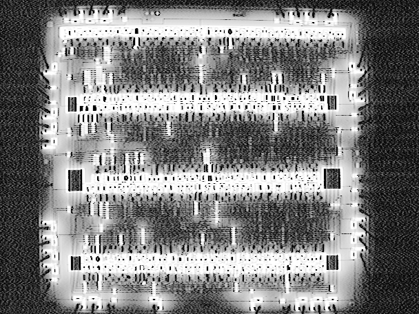 EBIC image of an entire die produced by choosing VDD and VSS as the two signal points. (photo courtesy Sandia Labs).