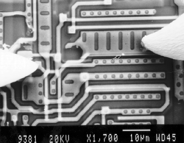 EBIC image showing location of a gate oxide defect on IC. (photo coutresy Analytical Solutions).