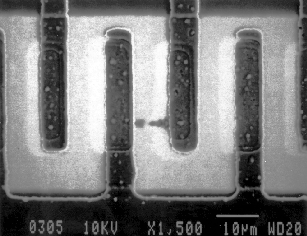 EBIC image showing location of electrical overstress damage in an output transistor on a bipolar IC. (photo coutresy Analytical Solutions).