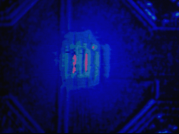 FMI image of a 2 µm BiCMOS transistor showing a 2oC temperature rise. (Photo courtesy Lucent Technologies.).