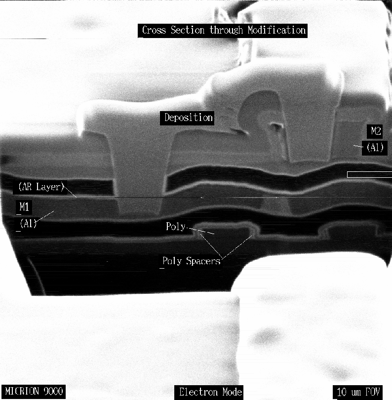 Shows a cross section through the cut and paste operation in electron imaging mode.