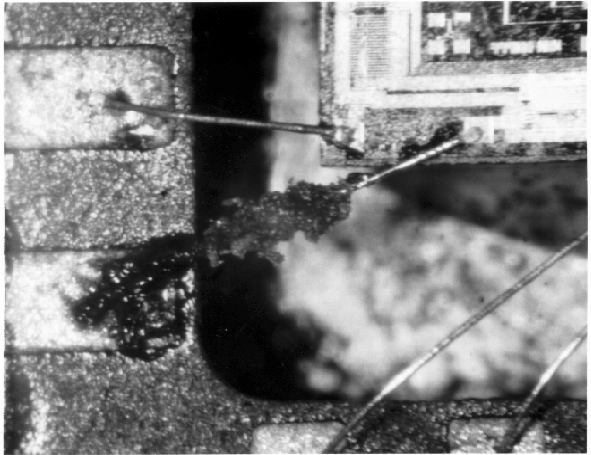 Photograph of contamination on a bond wire. (Photo courtesy Sandia Labs.)