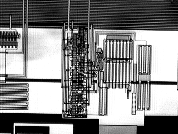 IR backside image of a CMOS I/O port. (Courtesy Sandia Labs.)