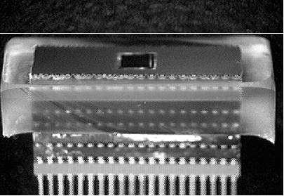 Exposed die backside in an epoxy encapsulated DIP. The lead extensions enable LIVA analysis. (Courtesy Sandia Labs).