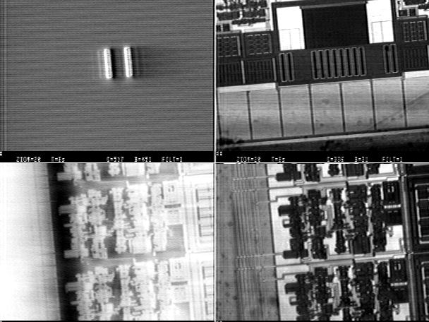 Four panel image showing LIVA logic state mapping and a registered IR reflected image on a microprocessor. (Courtesy Sandia Labs).