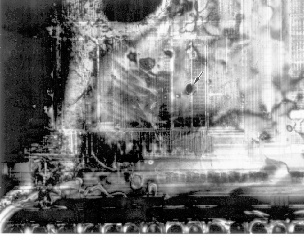 Liquid crystal showing a hot spot metal to metal on the same layer. (Courtesy Sandia Labs).