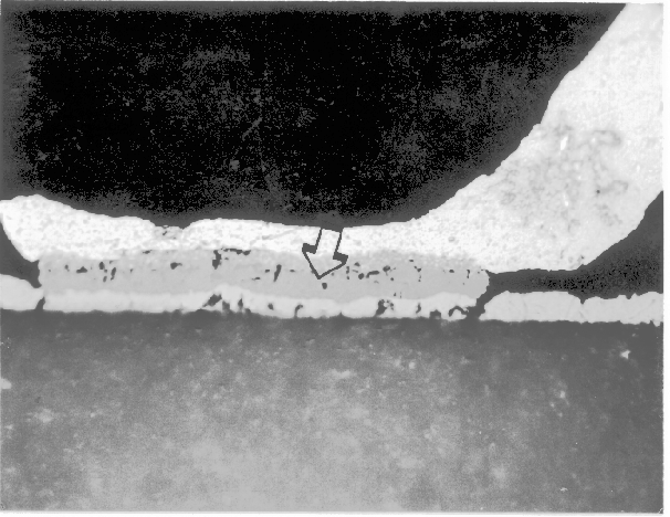 Cross sectional view through a bond wire / bond pad interface showing intermetallics. (Courtesy DM Data).