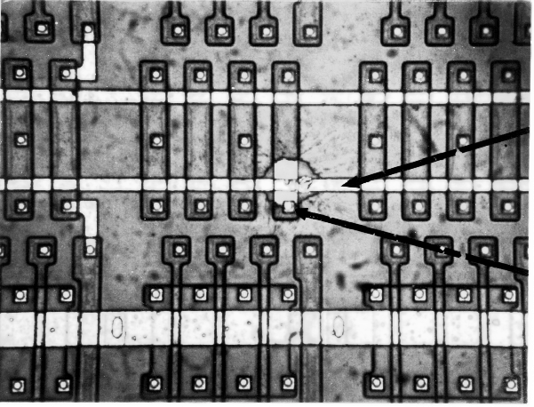 Photograph of a processing defect at higher magnification (600X). (Courtesy Sandia Labs)