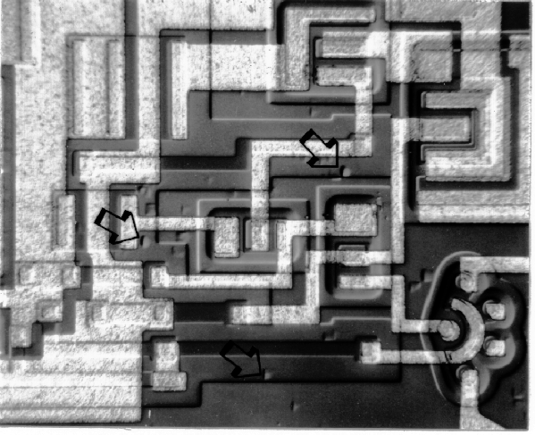 Photograph of an epitaxial layer stacking fault is shown at low magnification (100X). (Courtesy DM Data)