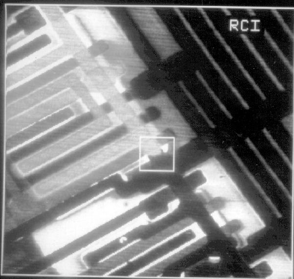 Resistive Contrast Image of an open VDD line. (Courtesy Sandia Labs).