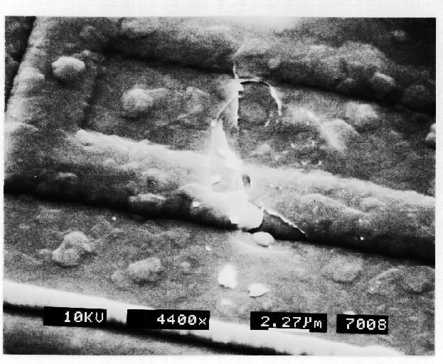 SEM image showing cracks in the glass caused by electromigration. (Photo courtesy DM Data).