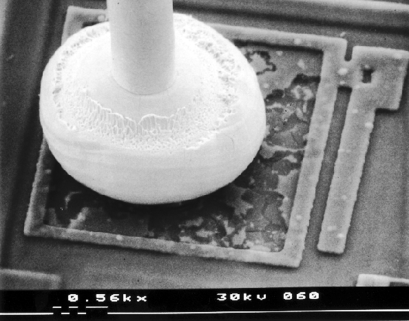 SEM image showing corrosion on the bond pad. (Photo courtesy DM Data.).