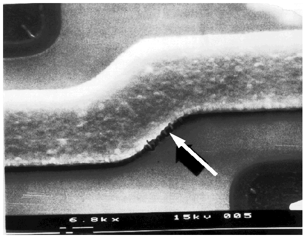 SEM image showing a gate oxide short at edge of poly line. (Photo courtesy Analytical Solutions).