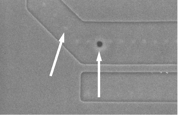SEM image showing gate oxide short sites after poly removal. (Photo courtesy Analytical Solutions).