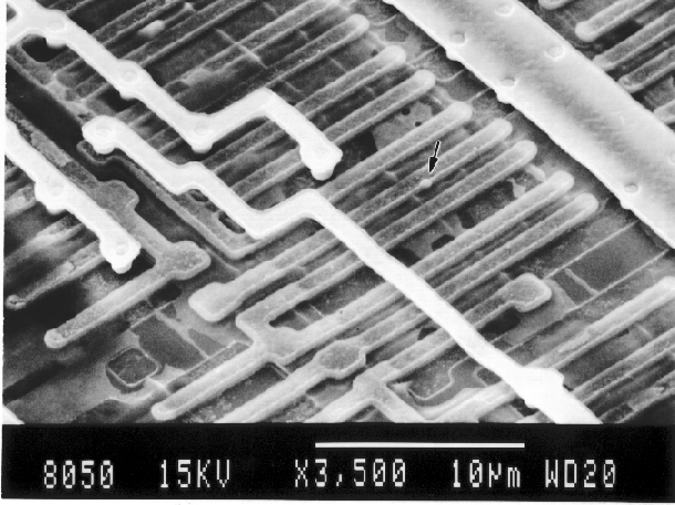 SEM image showing a gate oxide defect before poly removal. (Photo courtesy Sandia Labs).