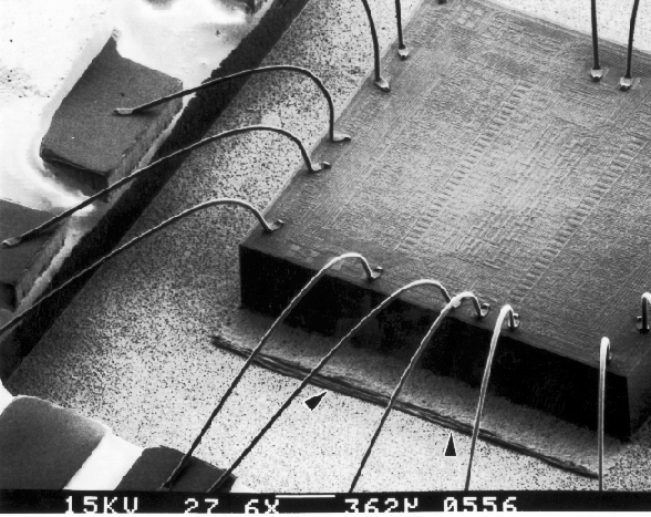 SEM image of extra bond wire material in the package cavity. (Courtesy DM Data).