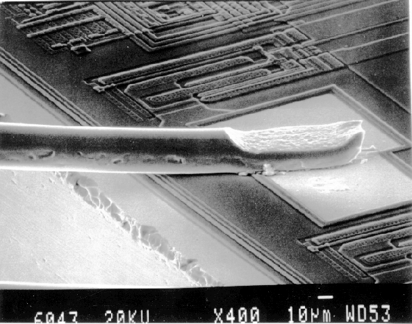 SEM image of bond wire with a low take off angle, most likely reverse bonded. (Courtesy DM Data).