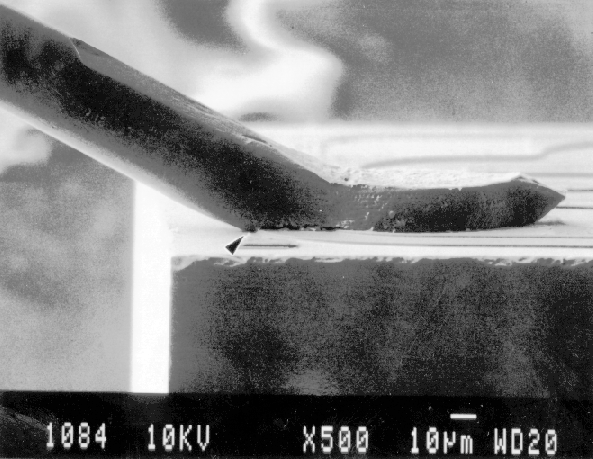 SEM image of a bond wire shorting to the die scribeline. (Courtesy Analytical Solutions).