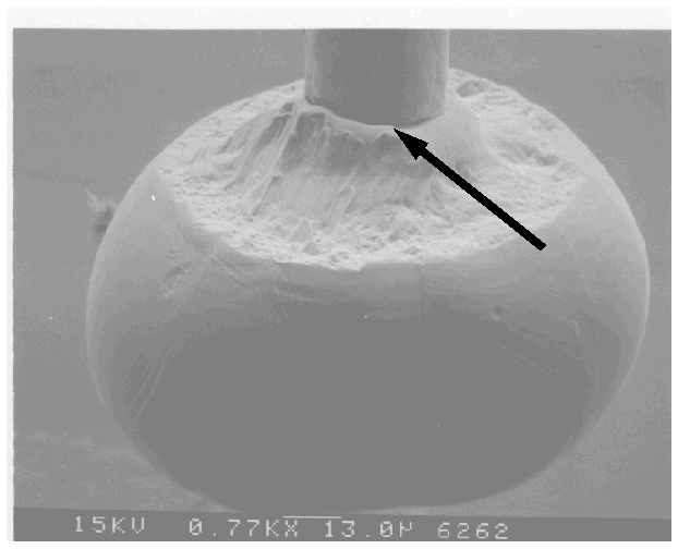 SEM image of bond wire crack just above ball. (Courtesy DM Data).