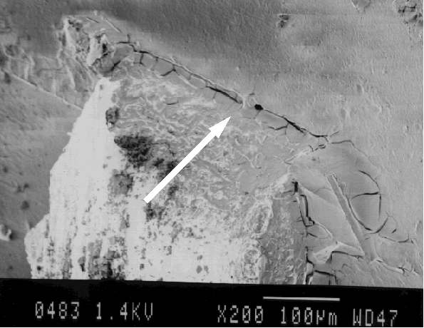 High magnification SEM image showing cracking at lead interface to package. (Courtesy DM Data).