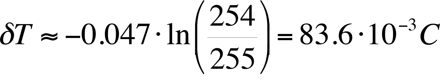 Equation to determine the best possible thermal resolution if a camera with an 8-bit grayscale resolution is used.