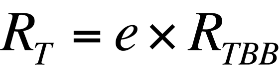 RT is the radiance from the sample, e is the sample's emissivity, and RTBB is the radiance of a blackbody at the same temperature.