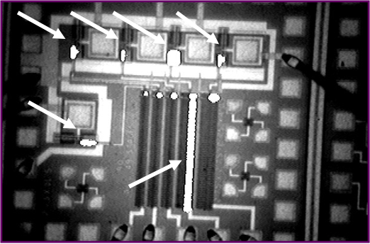 Emission of light by the n-channel transistors in an operating ring oscillator.