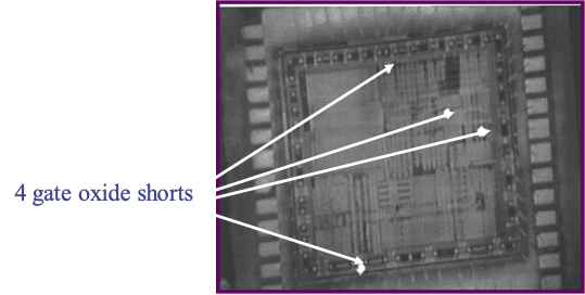 Light emission visible from four gate shorts during repeated cycling of a 15K vector set.