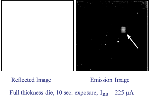 Infrared (1.1-1.4 µm) images of backside sample.  Brightfield image (left) and emission image (right)  after 10 sec. exposure.  VDD = 3.5 V, IDD = 0.225 mA