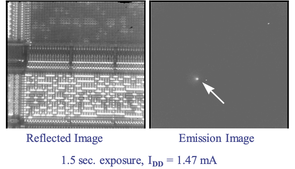 Infrared (1.1-1.4 µm) brightfield image (left) of gate oxide failure area and corresponding emission image (right) after an exposure time of 1.5 seconds
