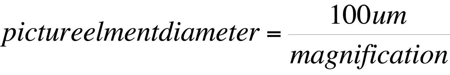 The minimum picture element is related to magnification by this equation.