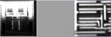 Low magnification image of failing IC (left); CTP image of sensitive circuitry (dark signal in upper right quadrant) (center); High magnification image of suspect transistor with CTP image overlaid (light speckled effect in lower left quadrant) (right).