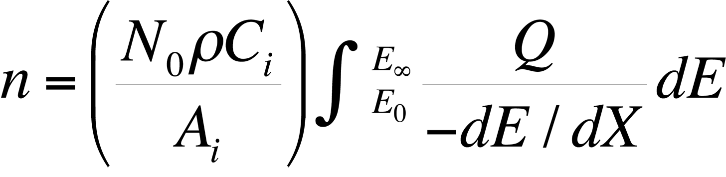 Equation showing the number of ionizations (n) as a function of primary beam energy.