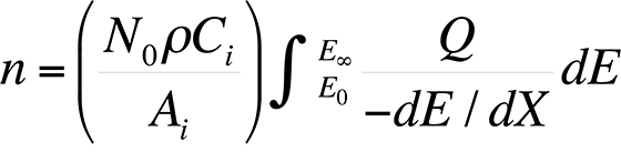 Equation showing the number of ionizations (n) as a function of primary beam energy.