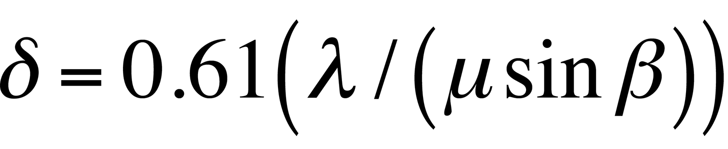 The smallest distance that can be resolved, delta, is given by this equation.