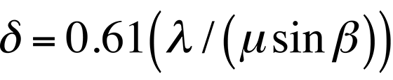 The smallest distance that can be resolved, delta, is given by this equation.