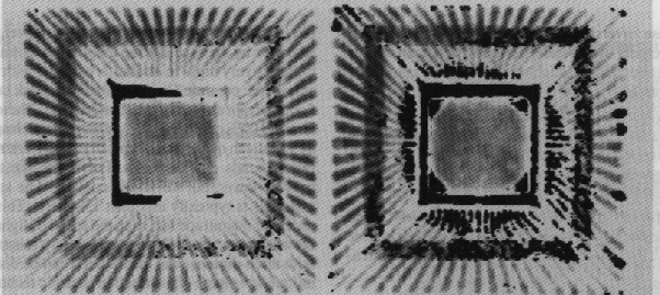 Photograph showing a difference in delaminations between two PLCC packages.